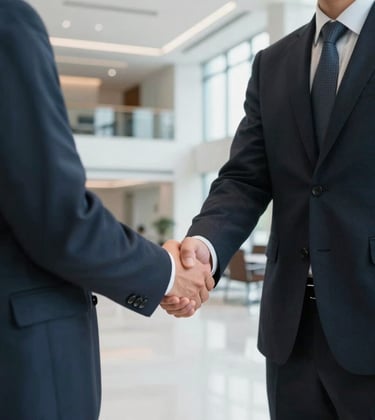 A focused shot of a professional in a sharp suit shaking hands in a bright, modern office lobby in the North American / US region. The lighting is clean and structured, emphasizing trust and collaboration.