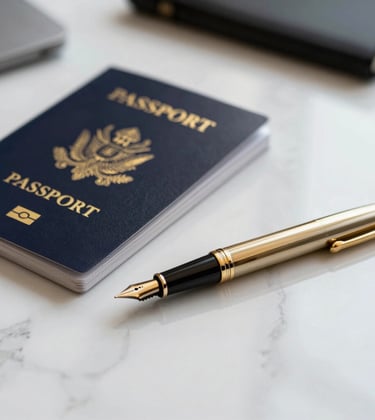 A sophisticated close-up of high-end travel documents and a gold-colored professional fountain pen resting on a clean white marble desk. Soft, natural daylight in a North American office setting creates a trustworthy and clear atmosphere.