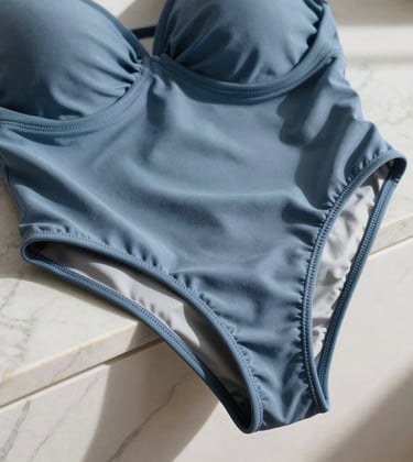 A close-up photograph of a luxury swimsuit draped over a marble ledge in a Western / International design studio. The fabric is a rich muted slate blue, highlighting its premium texture and soft sheen under natural sunlight.