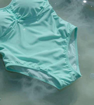 An abstract photograph of soft misty aqua fabric swirling in clear water, representing the fluid elegance and premium quality of the swimwear material.