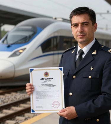 An official-looking railway safety certification document being held by a professional in uniform in Türkiye, with a blurred high-speed train in the background under daylight.