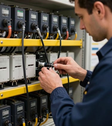 A close-up of a technical professional in Türkiye working on complex railway electrical systems, focused hands, industrial high-tech lighting, navy blue and bright yellow color palette.