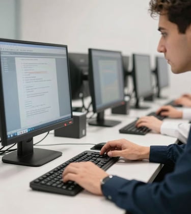 A focused close-up of a person in Türkiye taking a professional examination on a modern computer system in a clean, quiet testing center. Bright, neutral lighting reflecting a serious and professional mood.