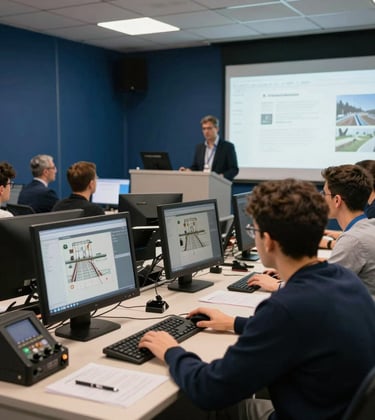A professional training seminar in progress in Türkiye, showing students interacting with a railway control panel simulator. The room is modern with navy blue accent walls and professional lighting.