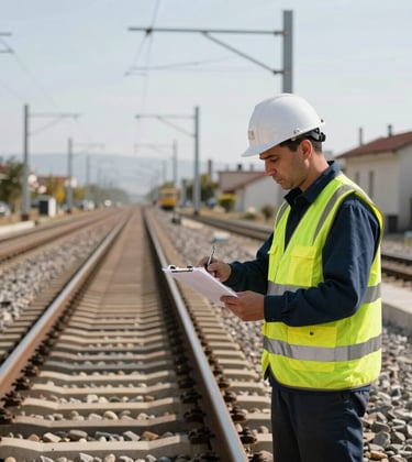 A professional railway safety inspector in a high-visibility yellow vest conducting an inspection on tracks in Türkiye, daylight, sharp focus on infrastructure.