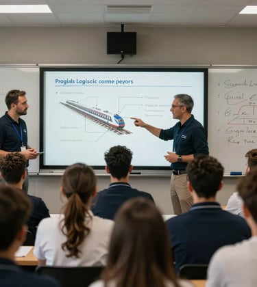 Professional training environment in Türkiye showing instructors explaining railway logistics on a digital whiteboard to a focused group of students.
