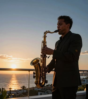 A sophisticated outdoor jazz performance at sunset on a luxury balcony overlooking the Gulf. A saxophone player is silhouetted against a gold and navy sky. The scene conveys pure elegance and high-end lifestyle.