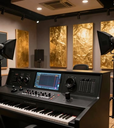 A high-end, modern media studio interior in Oman. Focus on professional studio equipment, sleek black consoles, and warm gold acoustic panels in the background. Low-key, cinematic lighting.