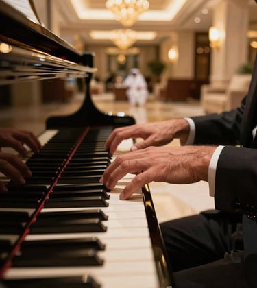 Close-up of an artist's hands playing a polished black grand piano, warm gold light reflecting off the surface, set in a dimly lit, exclusive hotel lobby in the Middle Eastern / Gulf region.