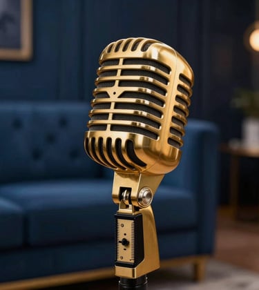 Macro photography of a vintage-style golden microphone stand. Soft bokeh background of a luxury lounge with deep blue and black colors.