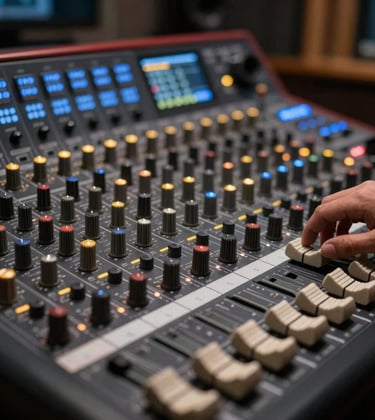 Close-up of a professional mixing console in a luxury radio station. Subtle blue and gold LED lights glowing in a dark, premium studio environment.