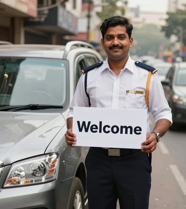 A professional chauffeur in a clean uniform standing next to a premium vehicle in a South Asian / Indian city environment, holding a welcome sign. Friendly and reliable atmosphere.
