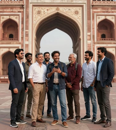 A group of South Asian / Indian travelers laughing and taking photos at a majestic historic palace gateway, dressed in smart-casual travel attire. Professional photography, bright daylight.