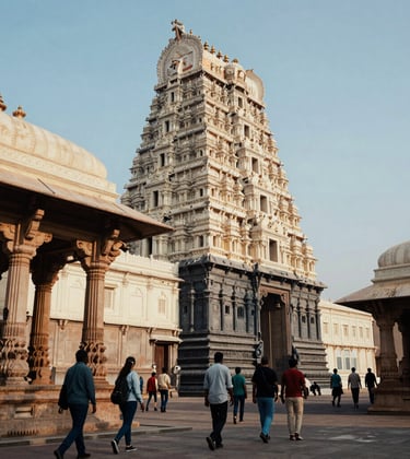 A group of travelers exploring a majestic South Asian / Indian temple complex. The architecture is detailed and ancient. Soft afternoon light with tones of off-white and dark navy in the shadows.