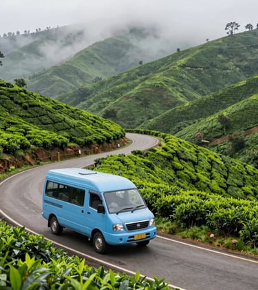 A scenic view of a tea plantation in a South Asian / Indian hill station with mist rolling over the green hills. A light blue tour van is parked on the winding road. High-quality travel photography.