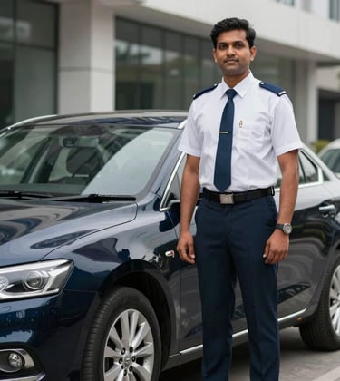 A professional South Asian / Indian driver in a crisp uniform standing next to a sleek dark navy sedan in a modern urban environment. The scene feels elegant and reliable. High-quality commercial photography.