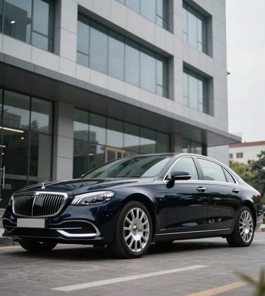 A luxury dark navy sedan parked in front of a modern South Asian / Indian corporate building. The car is polished and clean, reflecting the pale grey sky. Sleek and professional look.