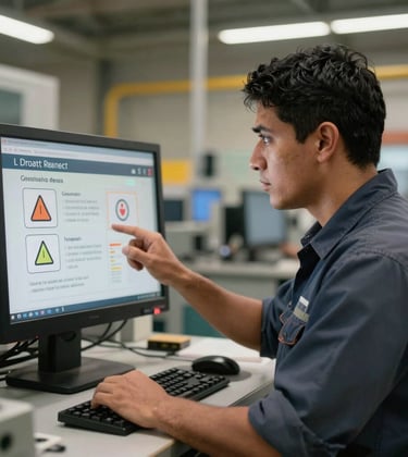 A professional South American worker in a high-tech factory setting, looking at a digital interface for gamified safety tasks, illuminated by soft golden light.