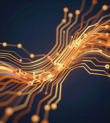 An abstract photography piece of flowing data streams and neural network circuits. The lighting is soft gold and vibrant orange against a deep night blue background, symbolizing predictive AI and smart intelligence.