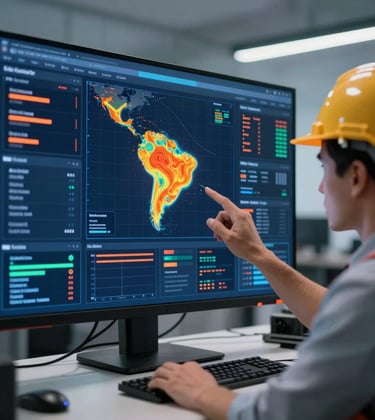 A South American safety engineer analyzing a complex digital dashboard with risk indicators and 3D heat maps on a large high-resolution screen. Modern office lighting with deep night blue and vibrant orange accents.