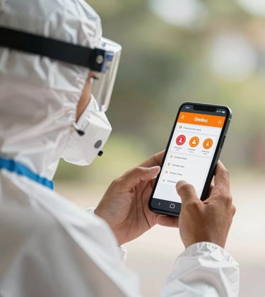 A South American worker wearing modern PPE, interacting with a gamified learning platform on a mobile device showing rankings and safety badges. Bright, professional daylight setting with vibrant orange highlights.