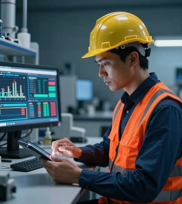 A South American engineer in a safety vest using a modern tablet to monitor real-time industrial data charts, with deep night blue and vibrant orange accents in a professional laboratory setting.