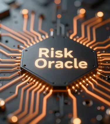 Macro shot of futuristic AI circuitry with flowing light pulses in orange and soft gold, symbolizing the Risk Oracle predictive intelligence.