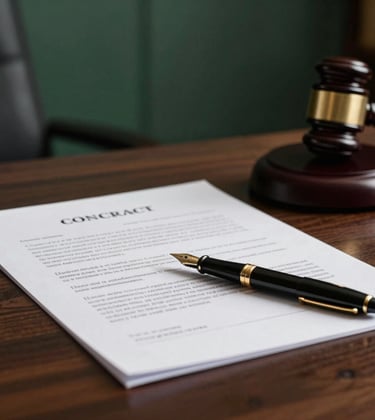 A close-up shot of a legal contract on a dark wood desk. A fountain pen rests on the document. The lighting is focused and professional, with a hint of forest green in the office decor behind.