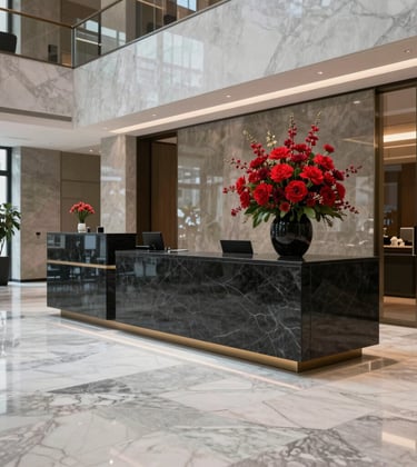 An elegant lobby of a financial firm in Zurich. The floors are polished marble, and a large crimson red floral arrangement sits on a sleek, modern reception desk made of dark slate stone. The mood is one of unwavering trustworthiness and luxury.