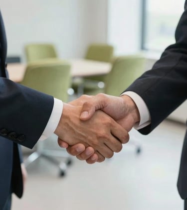 A close-up of a professional handshake between two individuals in business attire. The setting is a bright, modern office with forest green chairs in the blurred background. Natural light, elegant atmosphere.