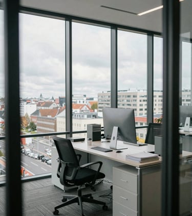 A professional interior shot of a modern legal office in Berlin. Large windows overlook the city, with minimalist furniture including a desk in dark charcoal and a leather chair with forest green accents. The lighting is bright and clean.