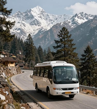 A luxury travel coach driving along a winding mountain road in Manali, surrounded by snow-capped peaks and pine trees, crisp daylight photography, South Asian / Indian travel context.