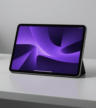 A minimalist, premium workspace in the United States featuring a high-end digital tablet displaying abstract, visionary architectural patterns in vibrant violet purple and dark midnight purple light.