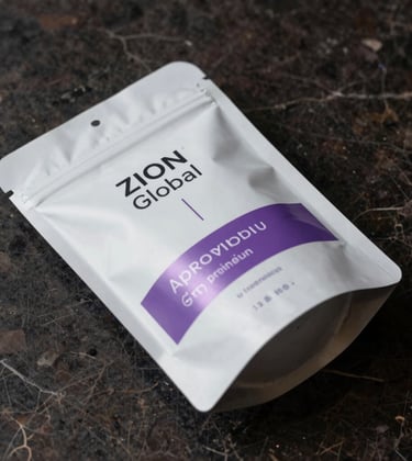 A premium product photography shot of natural beauty packaging on a dark marble surface. The labels are minimal and sophisticated. Soft purple accent lighting reflects the Zion Global brand aesthetic.