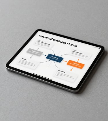 A minimalist studio setting featuring high-end branding materials and a tablet showing a structured business roadmap. The lighting is soft and intentional, emphasizing clarity and strategy in a North American design firm.