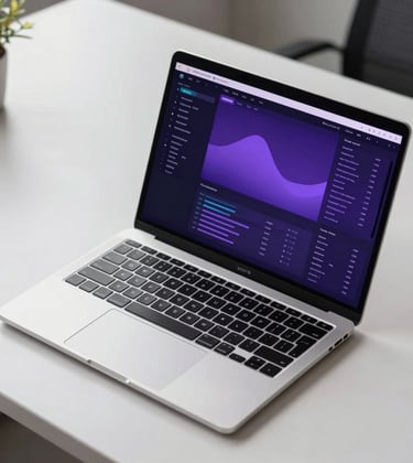 A clean, high-angle photograph of a modern tech workspace in the US. A high-end laptop displays a sophisticated data interface with deep purple and lavender color gradients. The environment is professional and visionary.