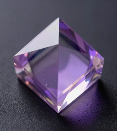 A sharp, macro photography shot of light refracting through a crystal prism onto a dark surface, creating a spectrum of violet and soft lavender, symbolizing clarity and technological insight.