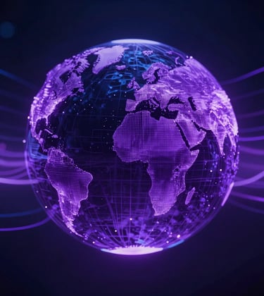 Abstract, high-speed photography of light trails in vibrant violet purple and deep navy blue, symbolizing the flow of data and systems within a global digital ecosystem.