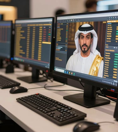A close-up photograph of a professional trade floor environment in the Middle Eastern / Gulf region, featuring high-end workstation screens showing gold market data. The atmosphere is sophisticated and quiet, with a focus on polished surfaces and gold-toned light reflecting off professional equipment.