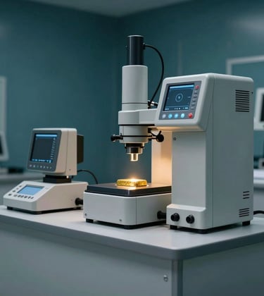 A clean and modern high-security facility room in the Middle Eastern / Gulf region, showcasing advanced technological equipment used for precious metal analysis. The color palette includes dark teal and light grey, with subtle gold lighting accents highlighting the precision and quality control standards.