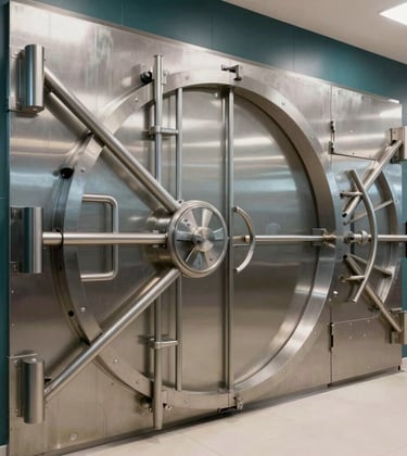 A professional and understated luxury shot of heavy, high-grade steel vaults and secure storage units within a Bahraini financial facility. The composition is focused on strength and security, with light grey and dark teal tones conveying a sense of unwavering trust and stability.