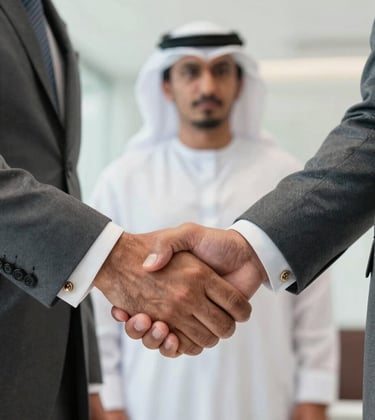 A close-up photograph of a professional handshake between two executives in a Middle Eastern / Gulf business setting. The scene is bright and professional, highlighting the texture of luxury grey suit fabrics and gold cufflinks, symbolizing a secure partnership.