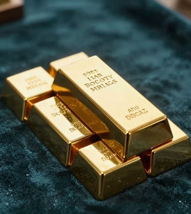 A photograph of gold bars arranged in a fan-like pattern on a deep teal velvet cloth. The lighting is focused and warm, emphasizing the metallic sheen and the company's focus on wholesale precious metals.