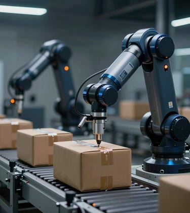 Detailed shot of an automated robotic arm sorting logistics parcels on a conveyor belt. Futuristic industrial design, matte black and blue metallic finishes, glowing orange sensors. Dark, high-contrast lighting.