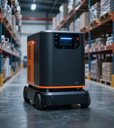 A sleek warehouse robot or automated guided vehicle (AGV) moving through a corridor of modern high-bay racking systems. Dark industrial aesthetic with sharp orange focus points and cool blue shadows.