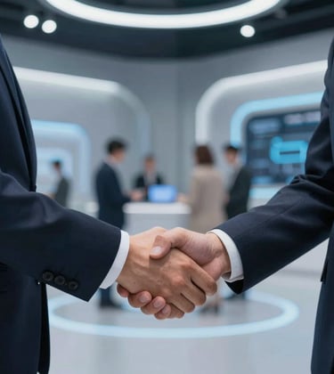 Close-up of two business professionals in suits shaking hands in a high-tech, futuristic exhibition hall. Soft blue atmospheric lighting and industrial grey backgrounds. Premium B2B networking atmosphere.