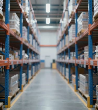 Extreme symmetry of industrial storage racks receding into the distance, blue metallic structure, high-contrast lighting, futuristic professional look.
