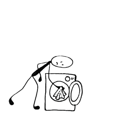 A stick man putting his noseknot handkerchief into a washing machine