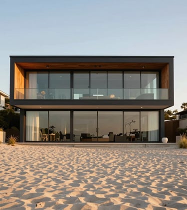 A modern glass-fronted beach house in Malibu during the golden hour, featuring off-white sand in the foreground and a charcoal modern frame.