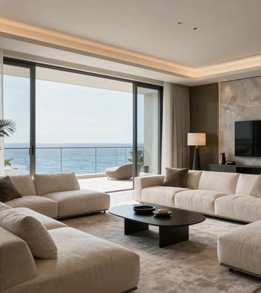 Interior shot of a luxury living room with floor-to-ceiling windows facing the ocean. The decor features Luminous Cream fabrics, Muted Olive Taupe accents, and sophisticated minimalist furniture.